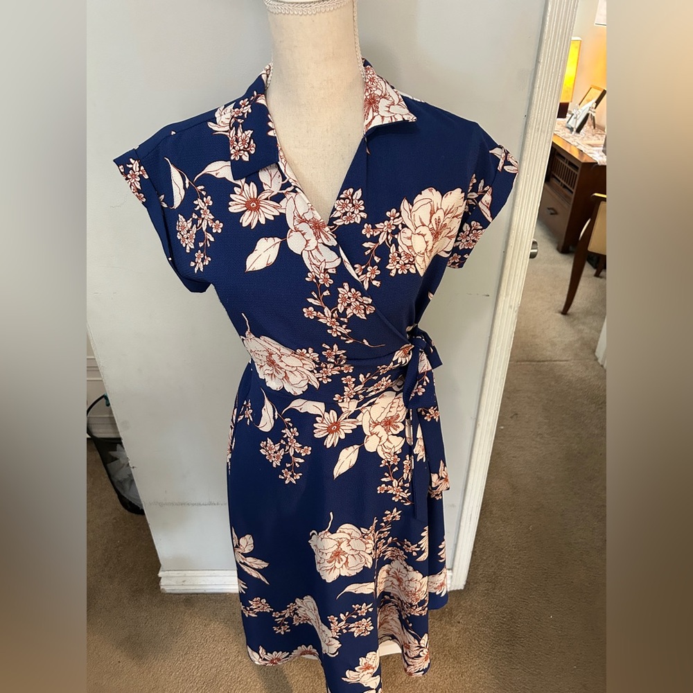 Floral Faux Wrap Dress in Blue